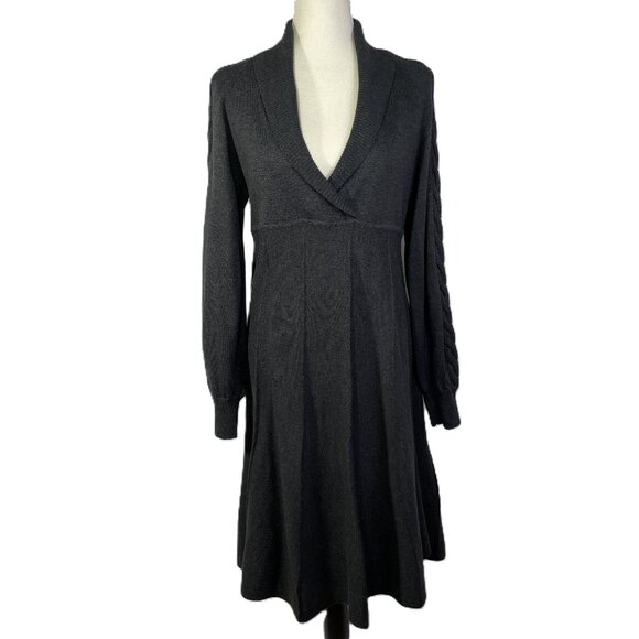 Evan-Picone Sweater Dress Size L Charcoal Midi Long Sleeves V Neck - Picture 1 of 15